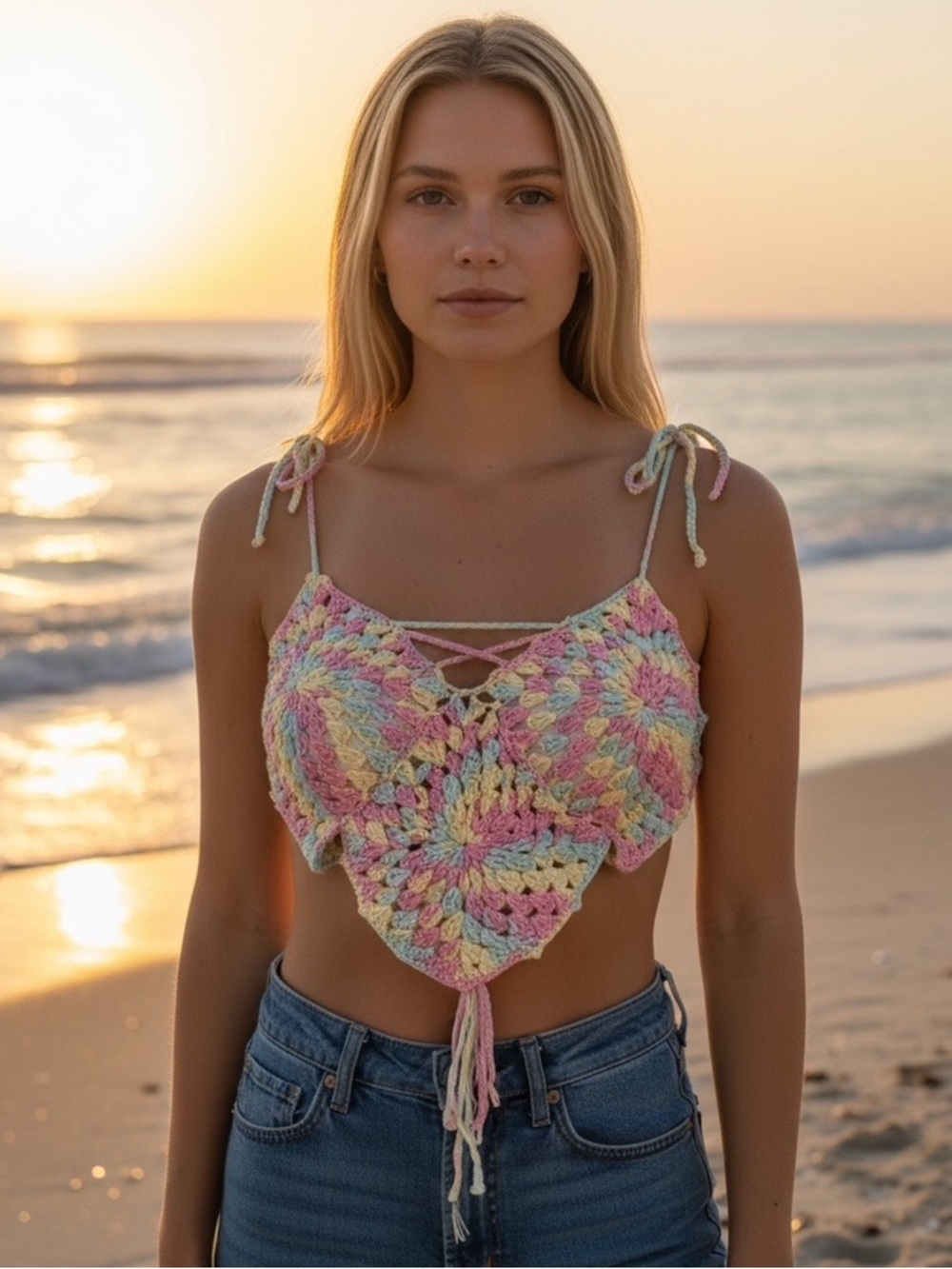 Handmade Pastel Crochet Crop Top with Tie Straps